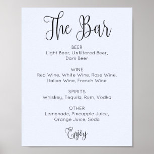 Poster bar de casamento de roteiro simples azul. Bebidas