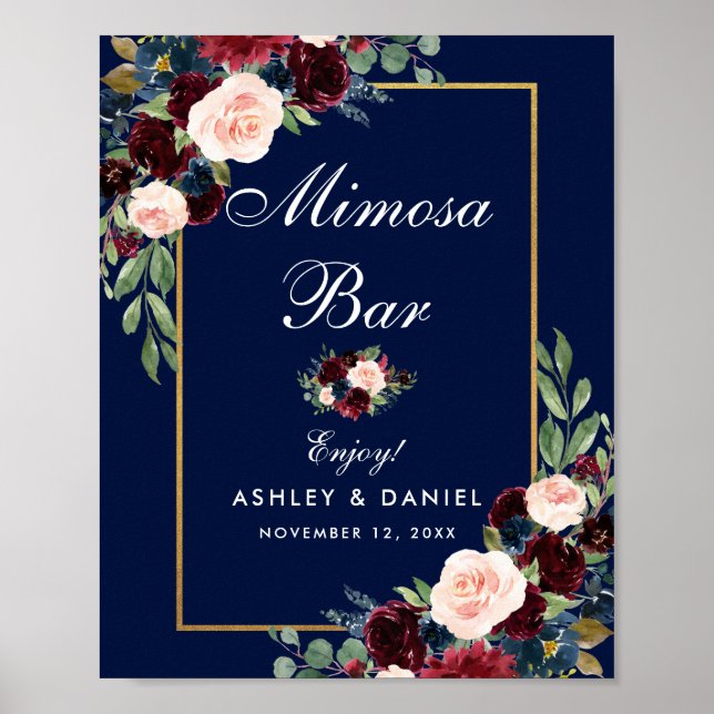 Poster Bar de Casamento Floral Dourado da Borgonha Azul M (Frente)