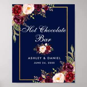 Poster Bar de Chocolate Quente Azul Floral Burgundy