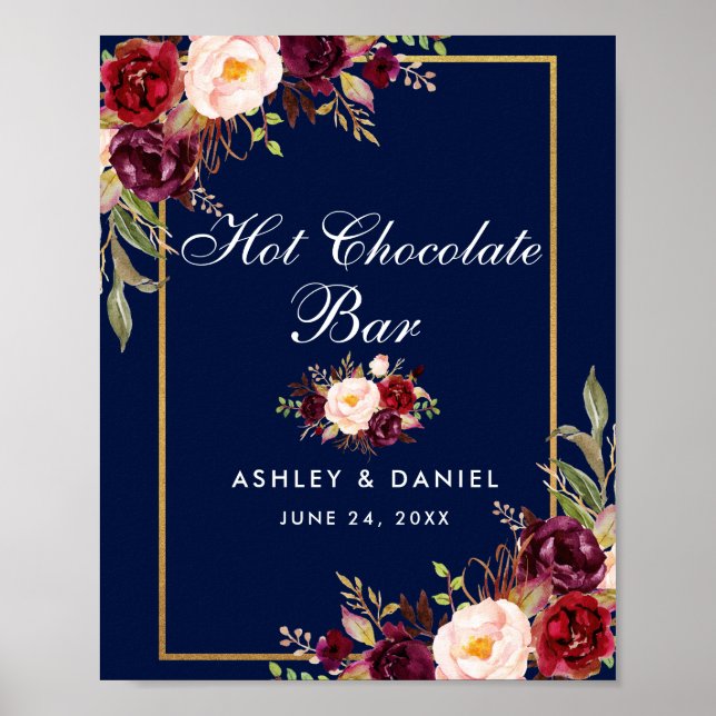Poster Bar de Chocolate Quente Azul Floral Burgundy (Frente)