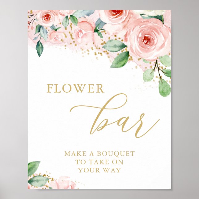 Poster Bar de Flores, Floral Rosa e Dourado para Chá de N (Frente)