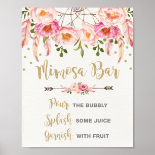 Poster Bar de Mimosa Boho Rosa Dourado Chá de Noiva