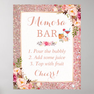 Poster Bar de Mimosa com Brilho Dourado Rosa para Chá de 