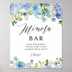 Poster Bar de Mimosa com Hortênsia em Aquarela Azul para 