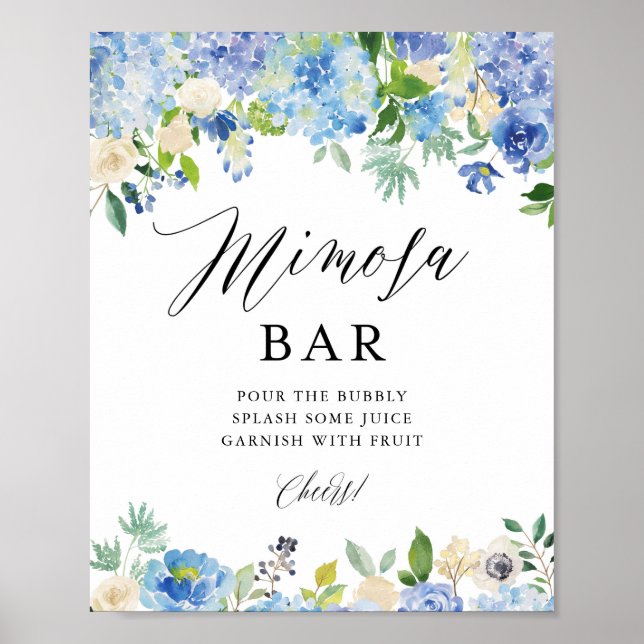 Poster Bar de Mimosa com Hortênsia em Aquarela Azul para  (Frente)