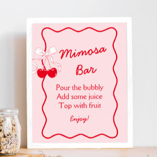 Poster Bar de Mimosa com Laço Rosa e Vermelho para Chá de