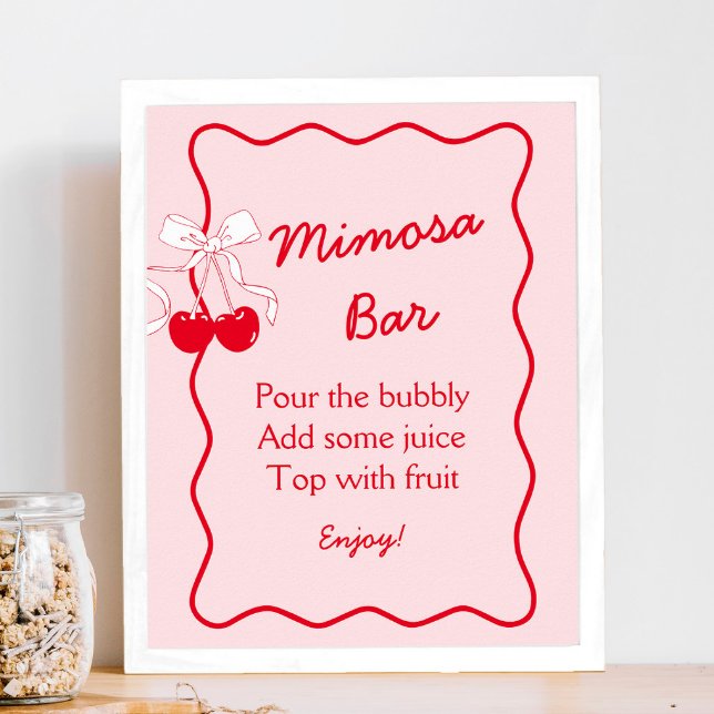 Poster Bar de Mimosa com Laço Rosa e Vermelho para Chá de (Criador carregado)