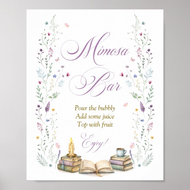 Poster Bar de Mimosa com Tema de Livro para Chá de Noiva (Frente)