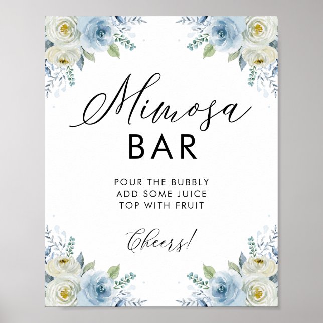 Poster Bar de Mimosa de Flores de Aquarela Azul e Branco (Frente)