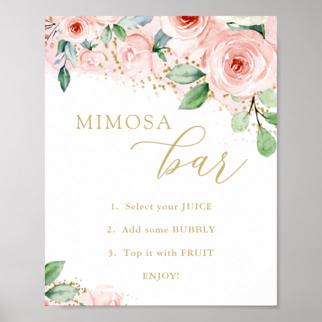 Poster Bar de Mimosa, Floral Rosa e Dourado para Chá de N (Frente)