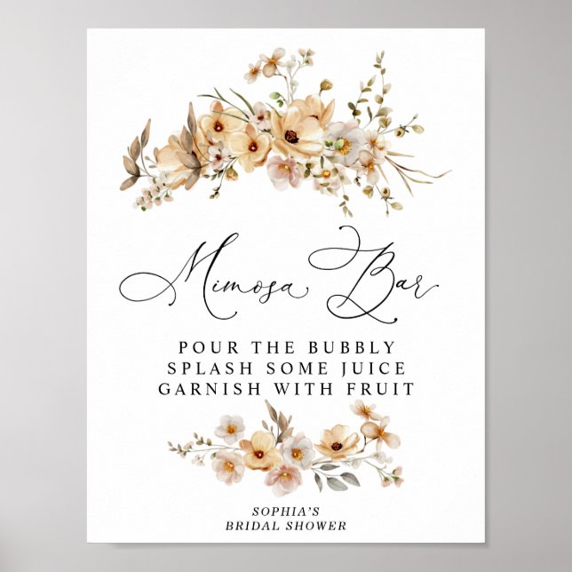 Poster Bar de Mimosa para Chá de Noiva com Flores Selvage (Frente)