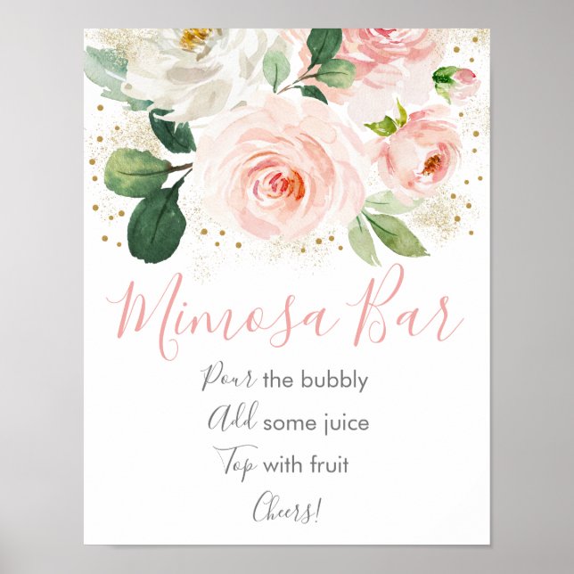 Poster Bar de Mimosa Rosa Bege Dourado Floral Chá de Bebê (Frente)