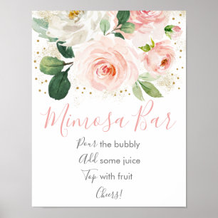 Poster Bar de Mimosa Rosa Bege Dourado Floral Chá de Noiv