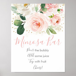 Poster Bar de Mimosa Rosa Bege Dourado Floral para Chá de