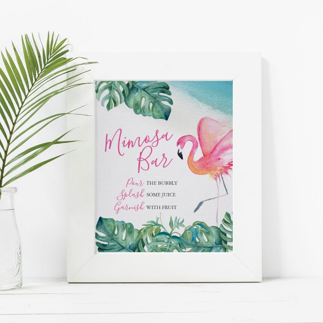Poster Bar de Mimosa Tropical Watercolor (Tropical mimosa bar sign watercolor pink flamingo & palm leaf by Victoria Grigaliunas DoTellABelle)