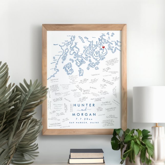 Poster Bar do Livro de Convidado Moderno do Casamento de  (Bar Harbor Maine Map Wedding Alternative Guest Book Poster in Modern Navy Blue )