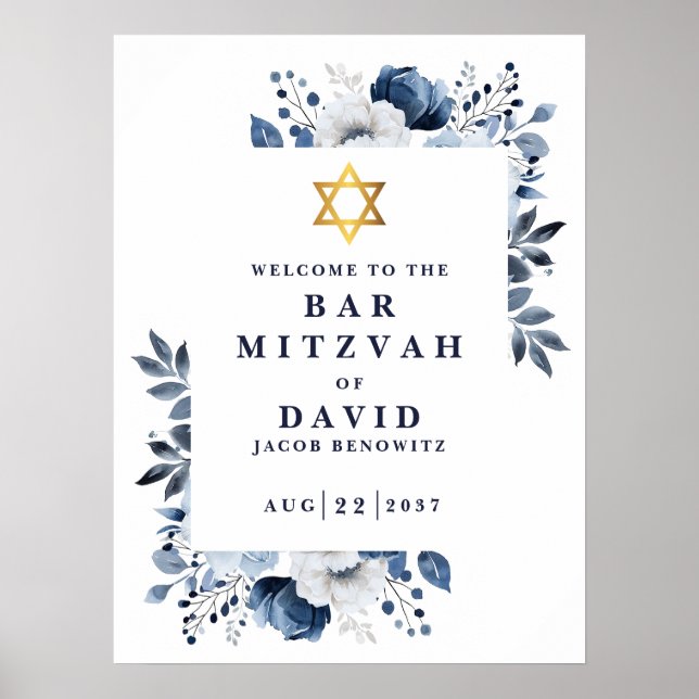 Poster Bar Floral Azul Mitzvah Bat Mitzvah Sinal de Boas- (Frente)