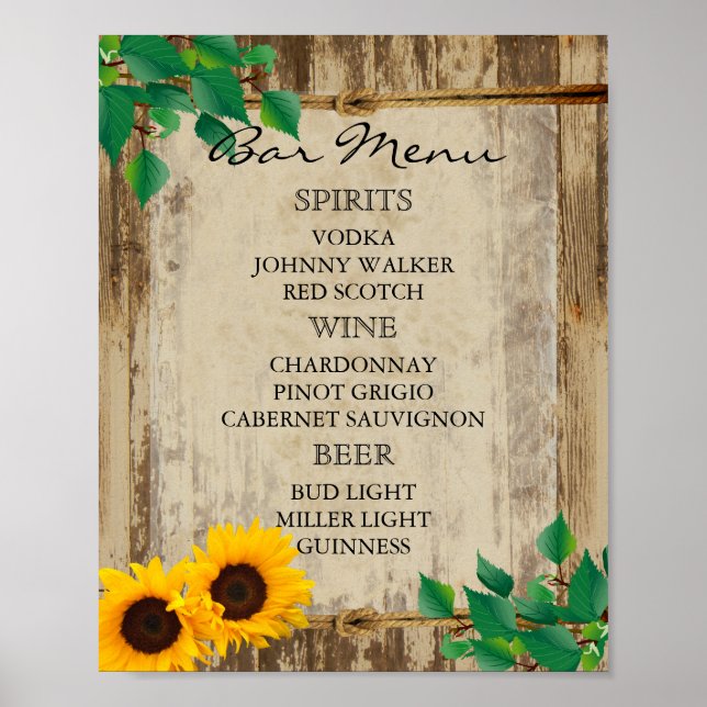 Poster Bar Menu para Casamento - Girassol (Frente)
