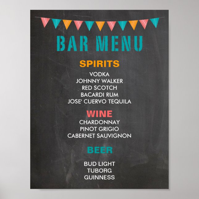 Pôster BAR MENU para fiesta de casamento no quadro (Frente)
