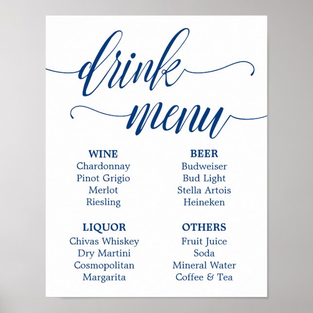 Poster Bar Menu Sinal de Casamento Marinho Caligrafia Azu (Frente)