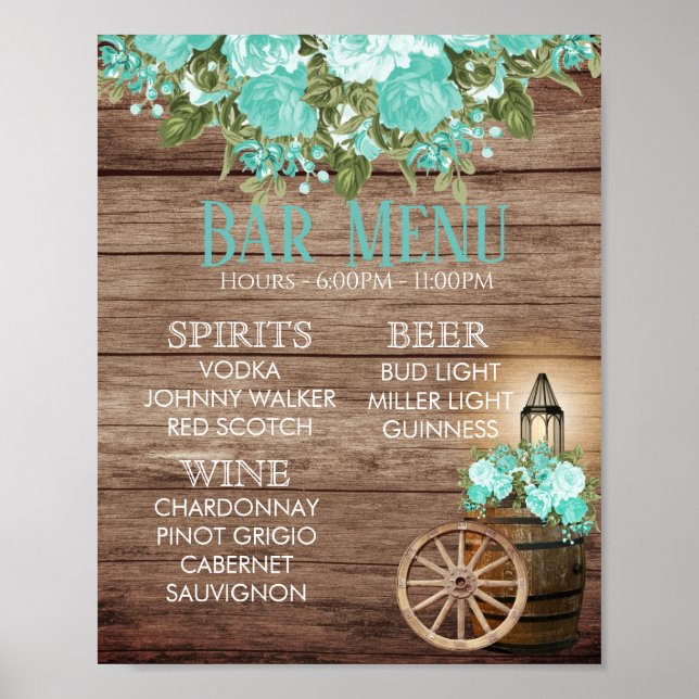 Poster Bar Menu -  Weathered Wood Barrel - Teal (Frente)