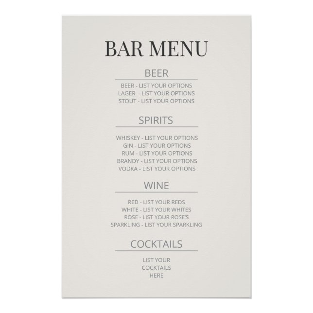 Pôster  ‘Bar Menu’ Wedding Sign | Warm Ivory (Frente)