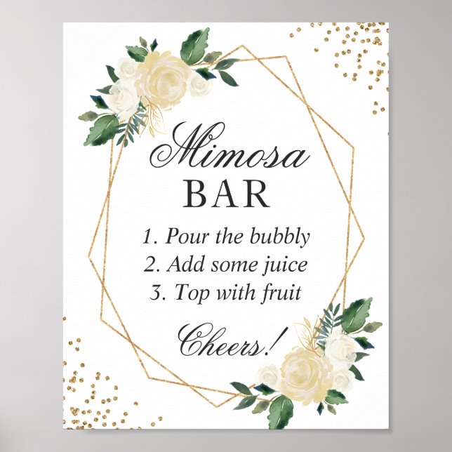 Poster Bar Mimosa chá de panela Branco Dourado Floral Ver (Frente)