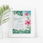 Poster Bar Mimosa de Flor de Hibiscus Tropical Watercolor<br><div class="desc">Use este bonitinho sinal de Bar Mimosa para decorar sua mesa e ajudar os hóspedes a prepararem suas bebidas. Projetado usando minha flor de hibisco rosa e minhas folhas de palma de monstera, cor-de-água original, este sinal é perfeito para brunch e borbulhar, chás de panela, chás de fraldas, casamentos ou...</div>