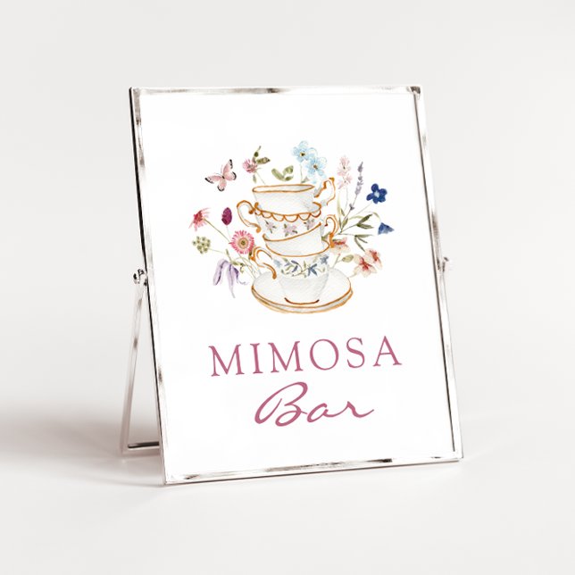 Poster Bar Mimosa Rosa (Floral Tea Cup Pink Mimosa Bar Poster with Butterfly by Painted Paperie
)