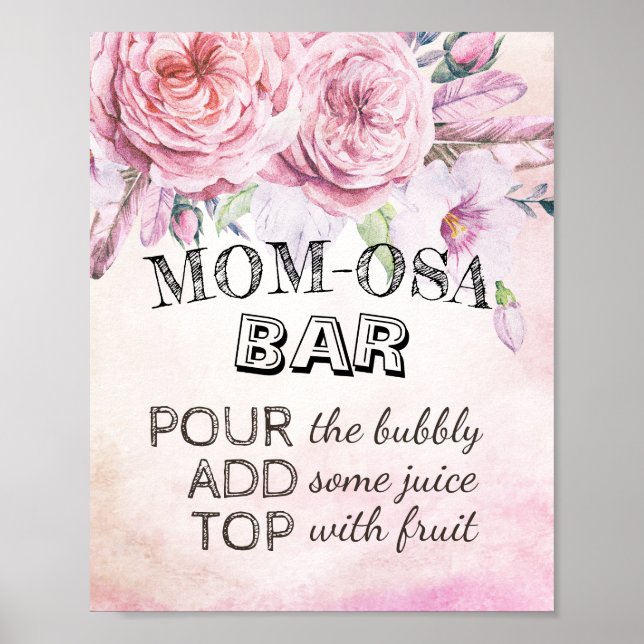 Poster BAR MOM-OSA chá de fraldas Sinal Boho Flores Penas (Frente)