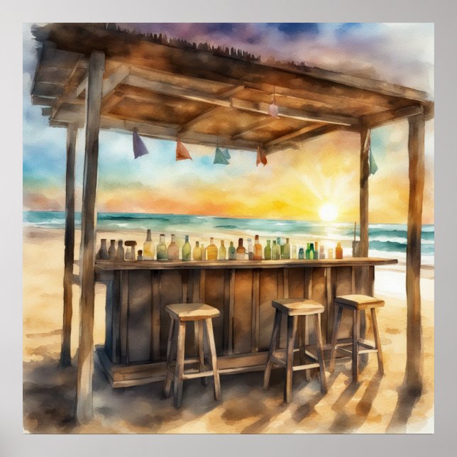 Poster Bar tropical de Tiki em Sunset - Watercolor Vibe (Frente)