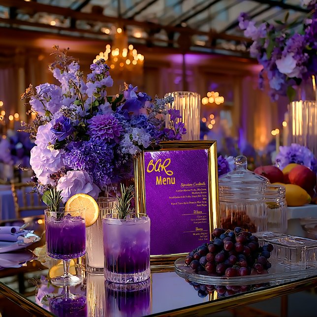 Pôster Bar violeta violeta violeta brilhante Poster de ca (Striking Violet Purple Ink Splash Wedding Bar Menu )