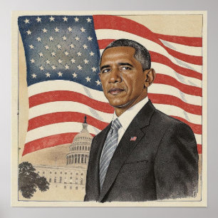 Poster Barack Obama em frente à bandeira americana e ao C