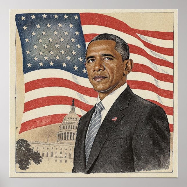 Poster Barack Obama in front of American Flag and Capitol (Frente)