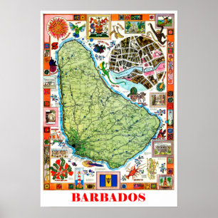 Poster Barbados, mapa da ilha, atracções turísticas,