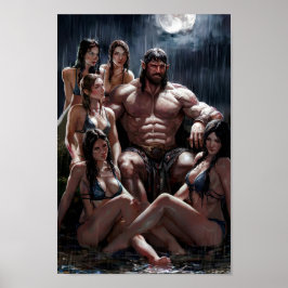 Poster Bárbaro Musculoso Rodeado por Mulheres Sexys