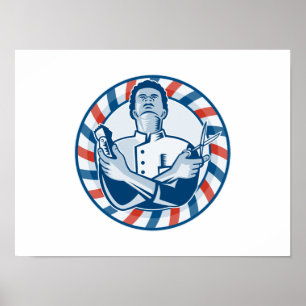 Pôster Barbeiro com a tosquiadeira e as tesouras de