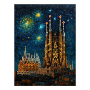 Pôster Barcelona Basilica Sagrada Família Starry Night