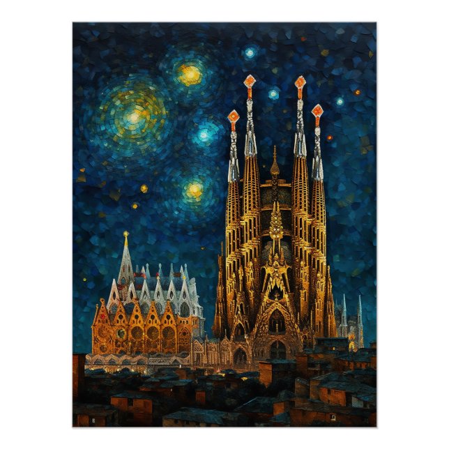 Pôster Barcelona Basilica Sagrada Família Starry Night (Frente)