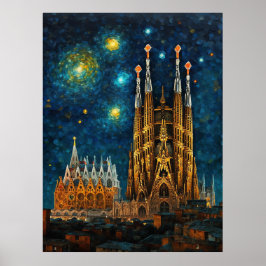 Poster Barcelona Basilica Sagrada Família Starry Night