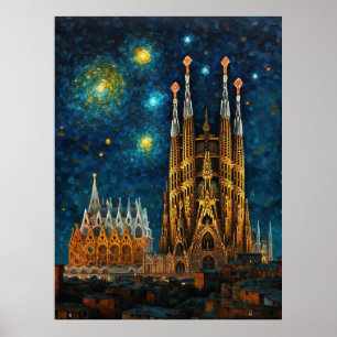 Poster Barcelona Basilica Sagrada Família Starry Night