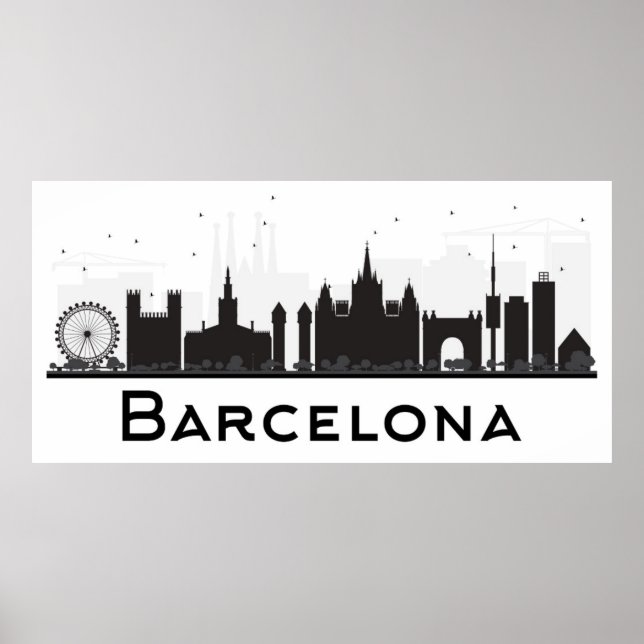 Poster Barcelona, Espanha | Black & White City Skyline (Frente)