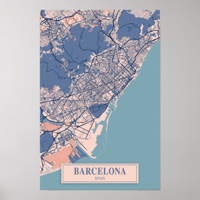 Poster Barcelona Espanha Mapa da Cidade Ventilada Viagem (Frente)