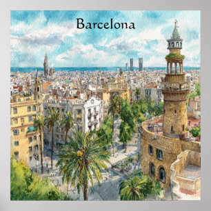 Poster Barcelona Espanha Pintura a Óleo Vista da Cidade C