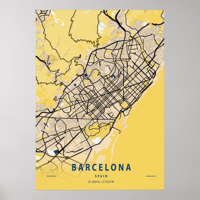 Poster Barcelona - Mapa da Cidade Amarela Espanha (Frente)