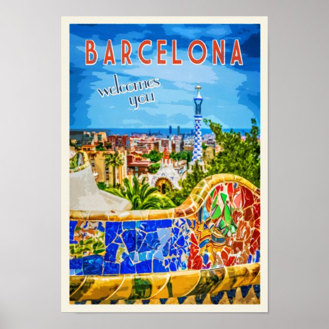 Poster Barcelona Park Guell Vintage Travel Photographic (Frente)