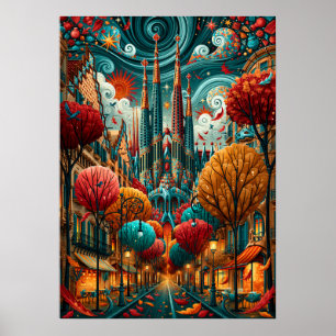 Poster Barcelona Psicodélica Paisagem Urbana da Sagrada F