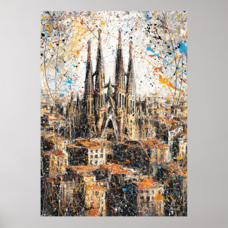 Poster Barcelona Sagrada Familia Abstract Drip Painting