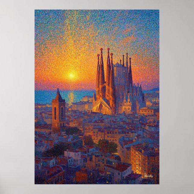 Poster Barcelona Sagrada Familia Pointillism Sunset Art (Frente)