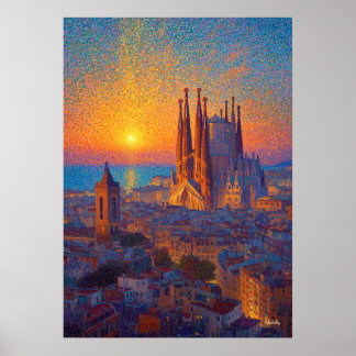 Poster Barcelona Sagrada Familia Pontilhismo Pôr do Sol A